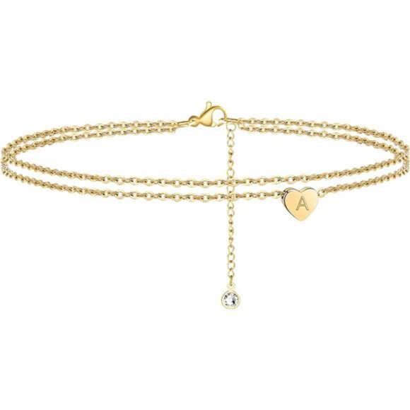 Heart Initial Ankle Bracelets for Women, 14K Gold Filled Handmade Dainty Layered - Picture 1 of 7